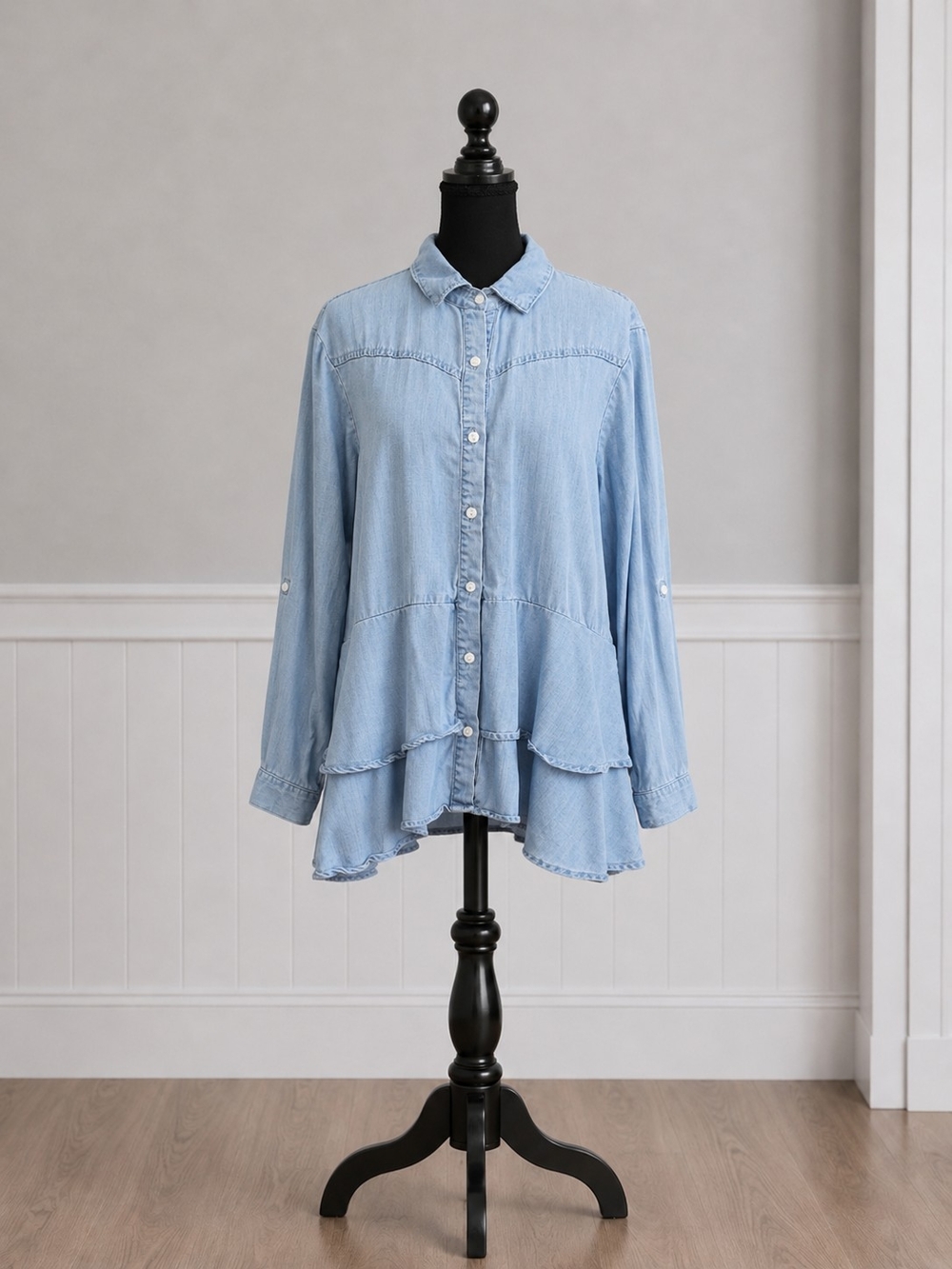 Rebe Blue Denim Tiered Hi Low Shirt